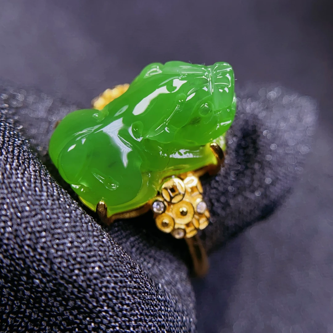 天然和田玉俄料碧玉苹果绿阳绿925银貔貅戒指开口戒可调节女@0185