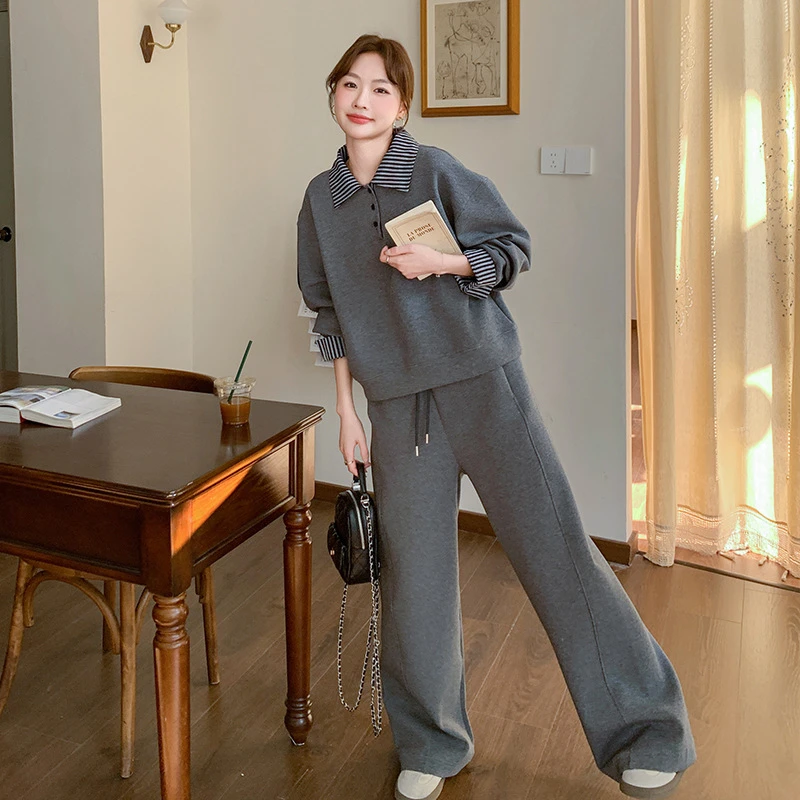 时尚套装秋冬季网红长袖卫衣小个子圆领条纹都市休闲运动裤两件套