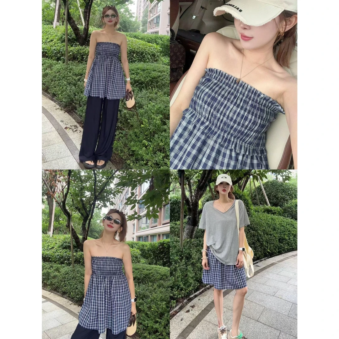 墨迹姐高个子微胖“多穿格子”夏款打揽抹胸半身裙两穿格子半身裙