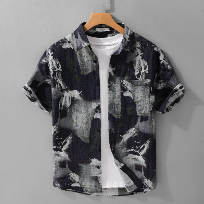 男生夏季短袖衬衫亚麻宽松休闲衬衣水墨涂鸦印花国潮上衣男士凉爽