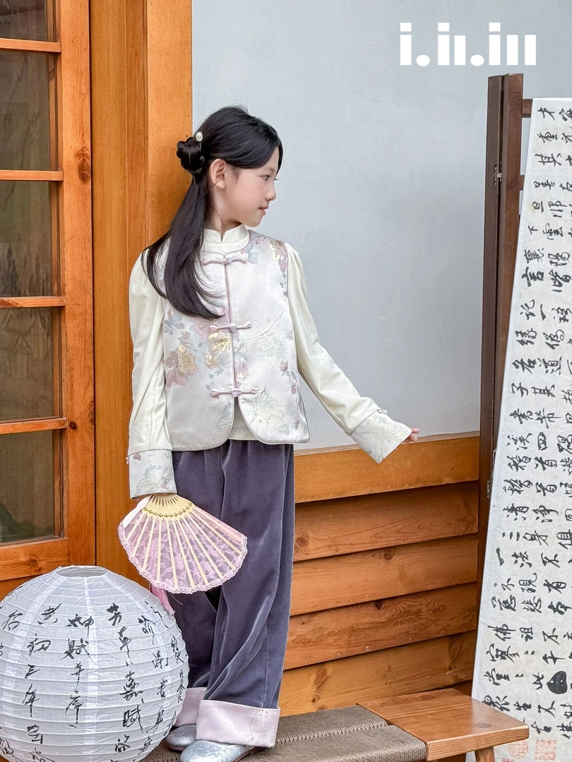 女童2025秋季新款新中式高级感中国风百搭显瘦提花直筒丝绒阔腿裤