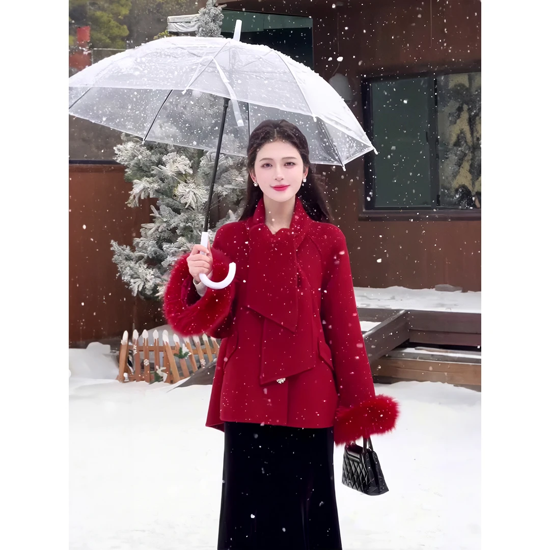 2025秋冬新款白色仿狐狸毛双面大衣女短款呢子冬天韩系毛呢外