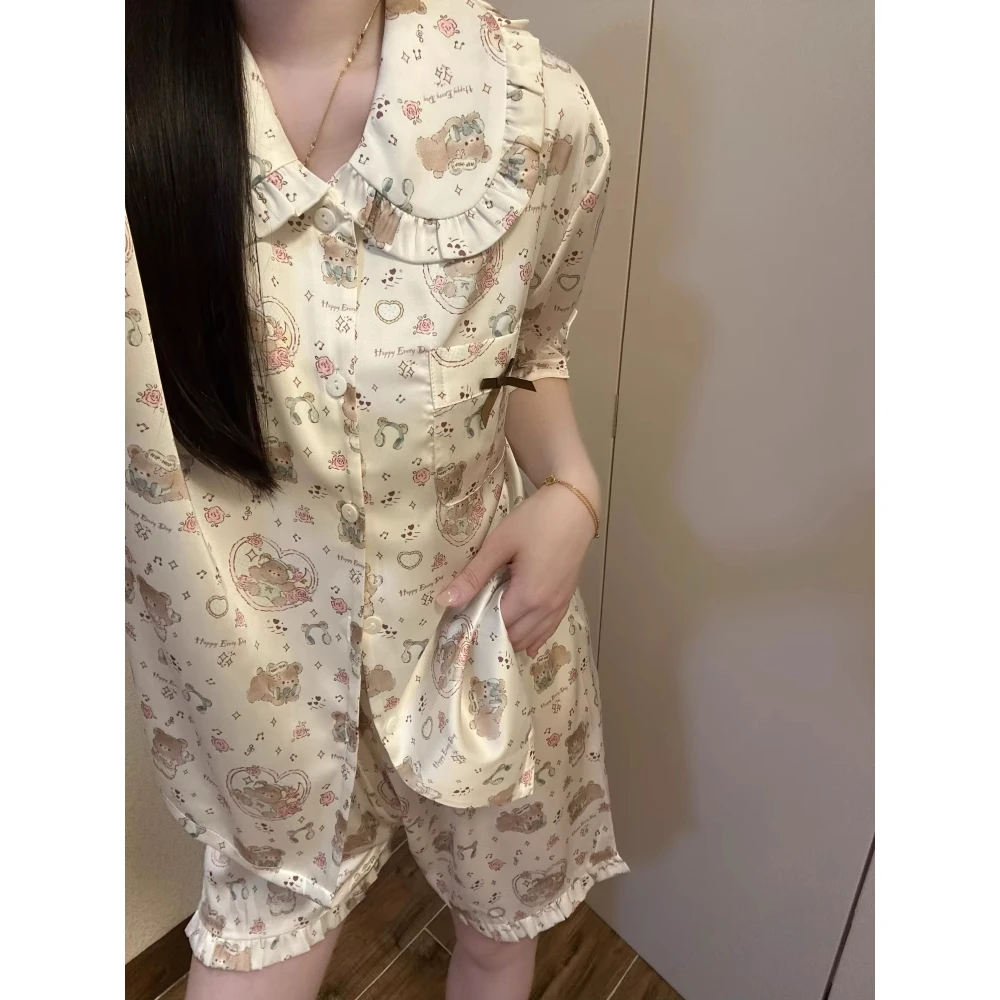 【爱心小熊】甜美软萌冰丝短袖睡衣女2025新款凉感短裤套装家居服女