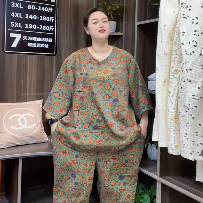 大码纯棉100%薄棉中国风系列家居服女款2025新款睡衣女短袖九分裤