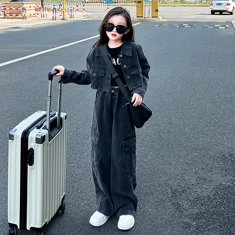 女童洋气时髦牛仔套装2025秋季新款女孩初秋宽松外套休闲裤两件套