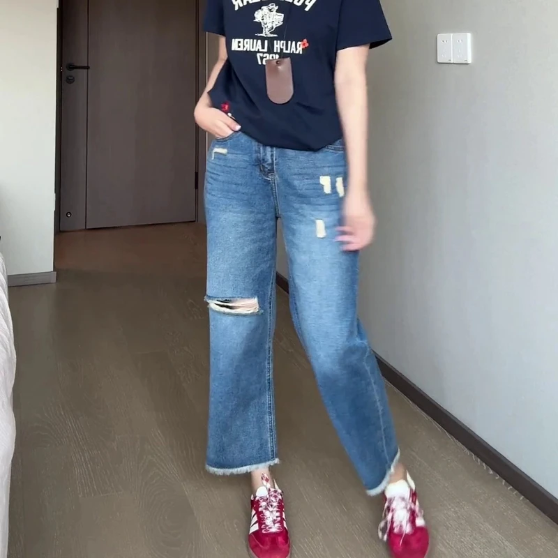 蓝色破洞毛边九分直筒裤春秋新款梨形身材高腰显瘦小个子阔腿裤