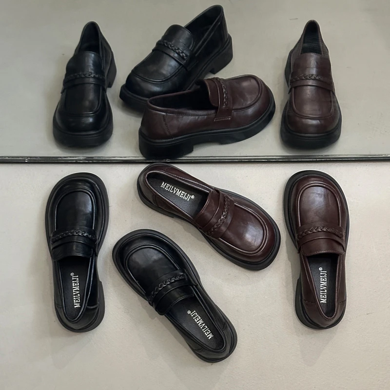 2025秋季新款厚底增高乐福鞋女百搭女款一脚蹬小皮鞋黑色单鞋