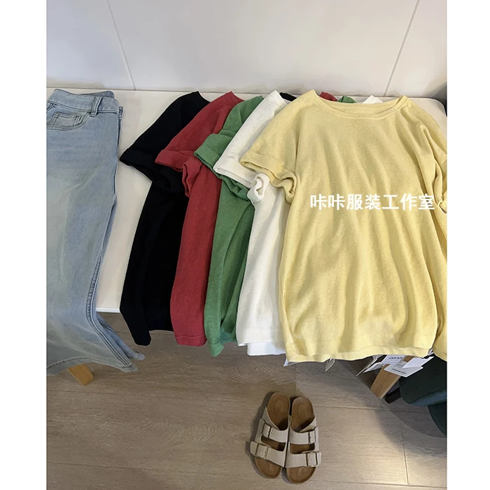 REKAYYAT“霓虹”简约时尚洋气纯色卷边袖设计感短袖T恤女款上衣