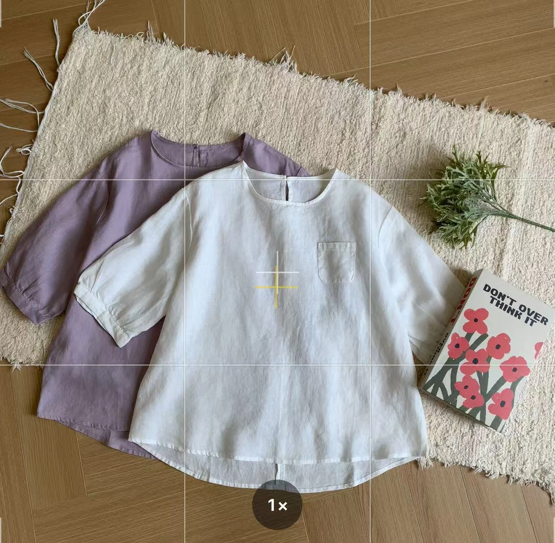 素心轻奢 2025夏季新款100%亚麻圆领短袖纯色宽松百搭上衣女13374