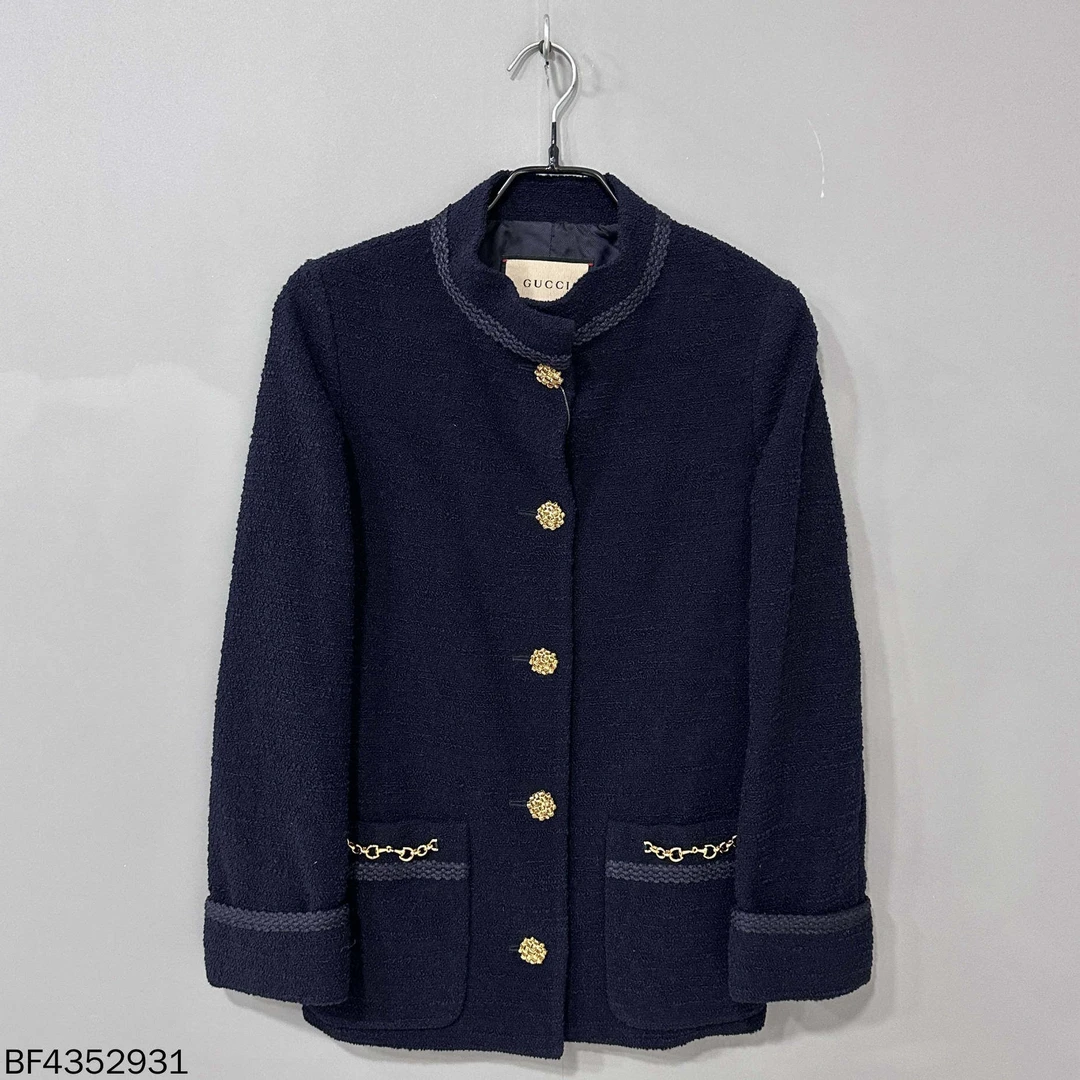 99新 GUCCI/古驰 深蓝色羊毛单排金扣粗花呢夹克外套/36码/52931
