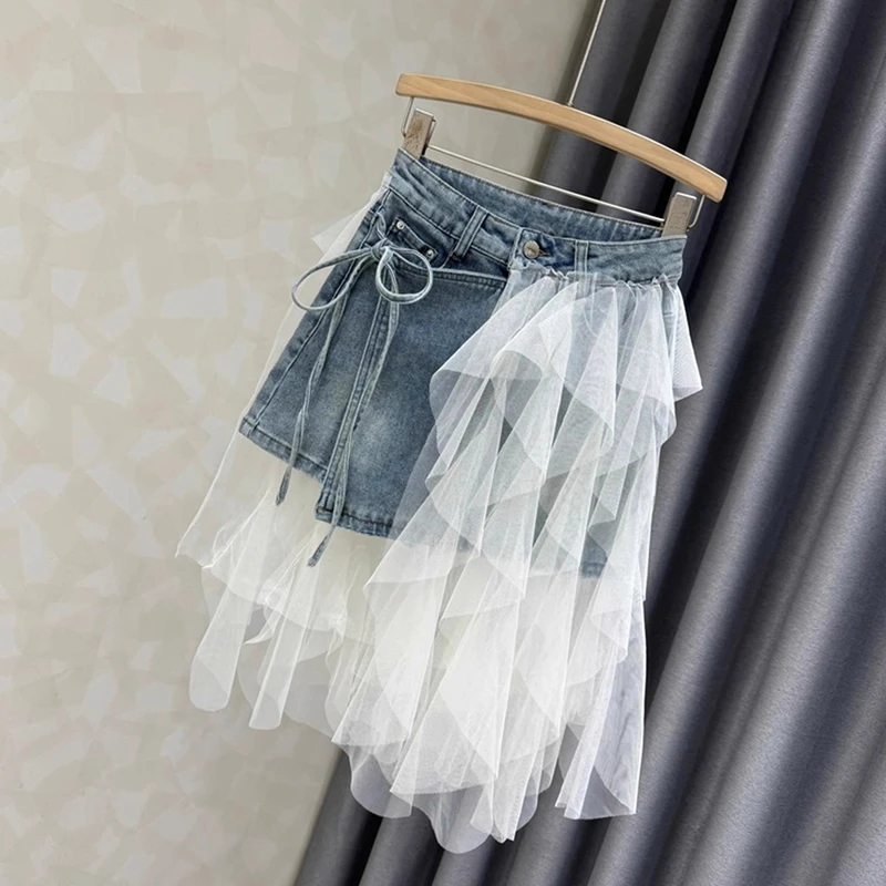 拼接高腰百褶短裙裤减龄辣妹牛仔半身裙女不规则设计感网纱裙