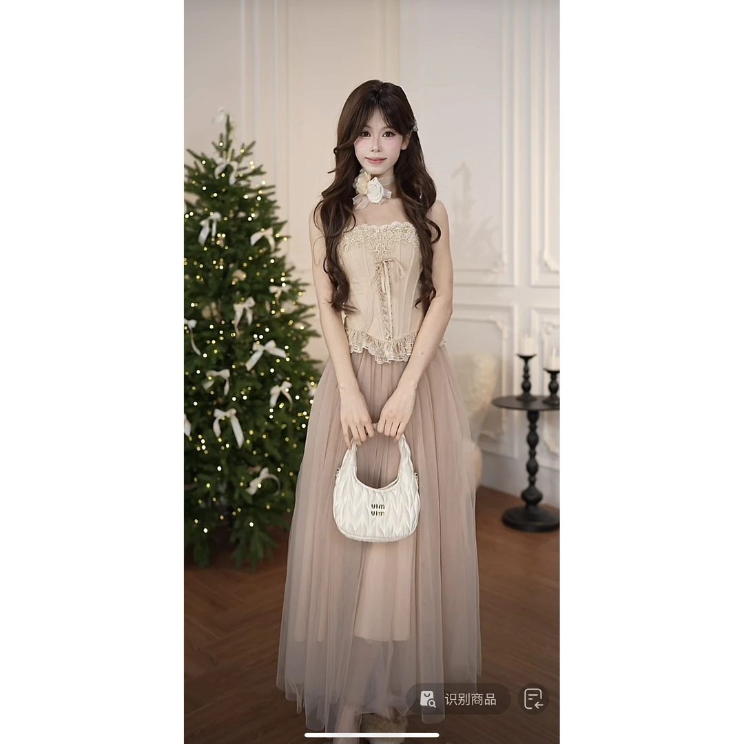 小小仟 【芭蕾音乐盒】亚麻棉重工珠片蕾丝鱼骨抹胸胸衣