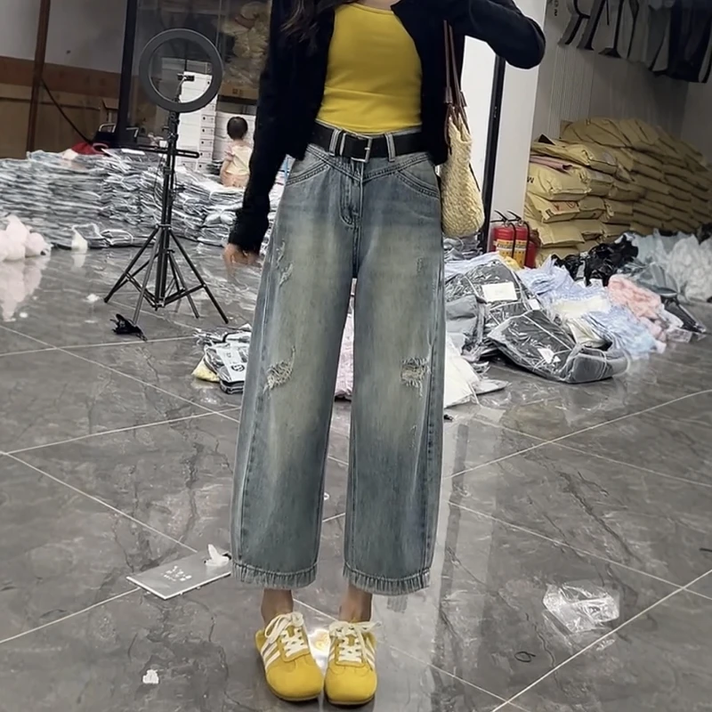 大码女装高腰显瘦九分弯刀牛仔裤新款百搭复古破洞遮胯阔腿裤女裤