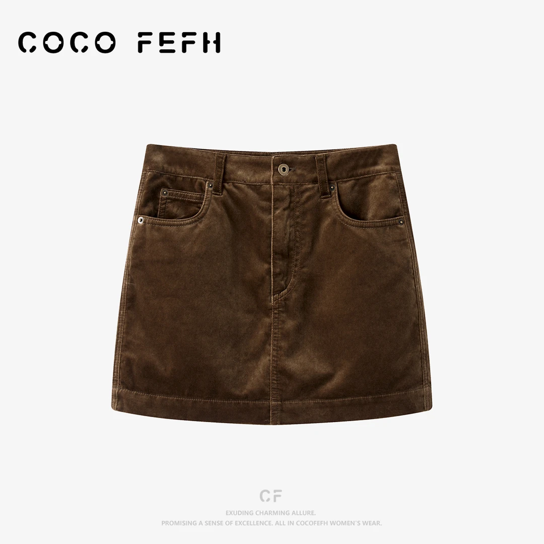 COCO FEFH【半身裙】短裙秋复古棕绒中腰直筒半身裙内置衬裤K7365