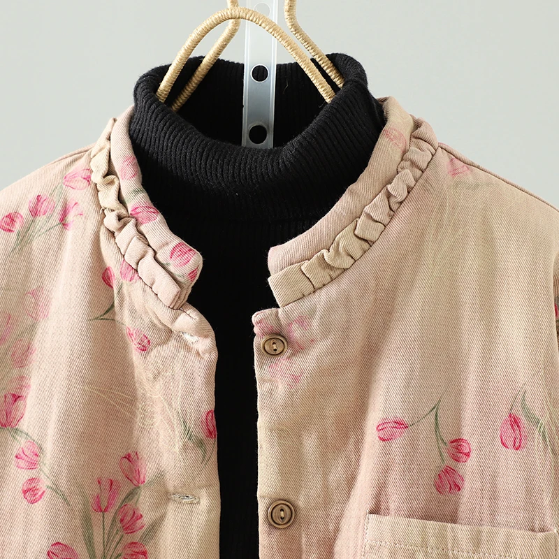 复古盘扣棉袄冬季新款印花宽松设计感长袖保暖排扣立领棉衣外套女