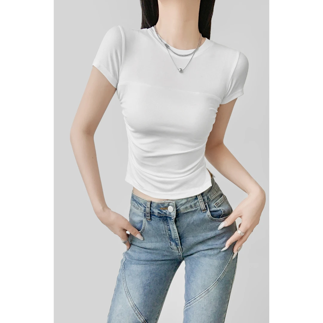 【夏春茶】夏季莱赛尔面料 高级感显瘦T恤女2025小众褶皱短袖上衣