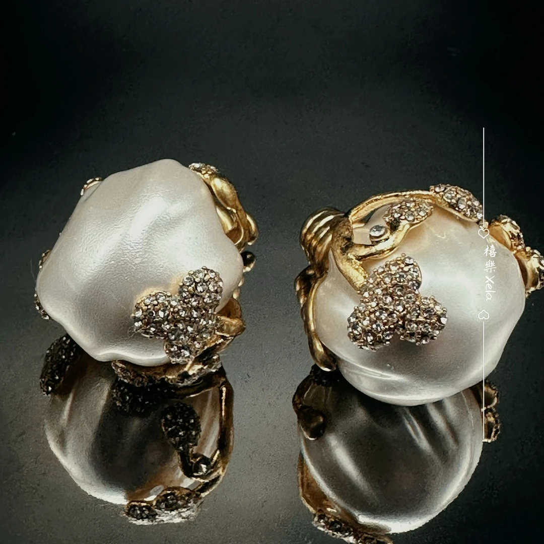 铜合金仿珍珠耳饰 中古复古黄铜镶嵌高级感巴洛克花苞耳钉戒指