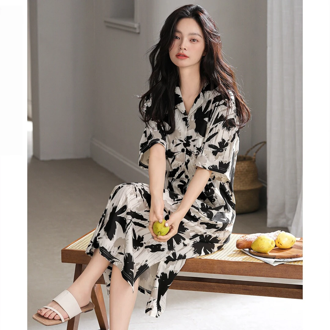 维多利亚睡裙女士睡衣夏季莫代尔短袖长版开衫中长裙冰丝绸家居服