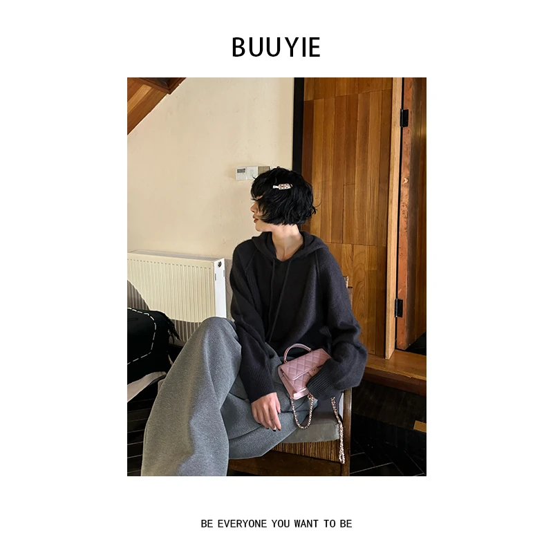BUUYIE 25SS【冬日摩卡】羊毛连帽套头针织衫 2470560