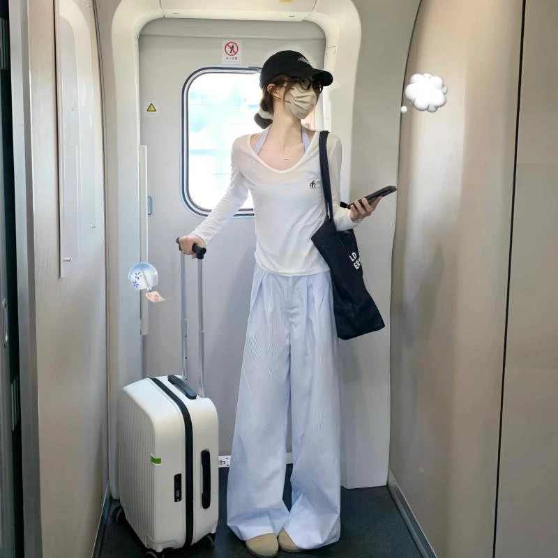 180高个子175加长韩系蓝色条纹休闲裤女夏宽松显瘦垂感阔腿拖地裤