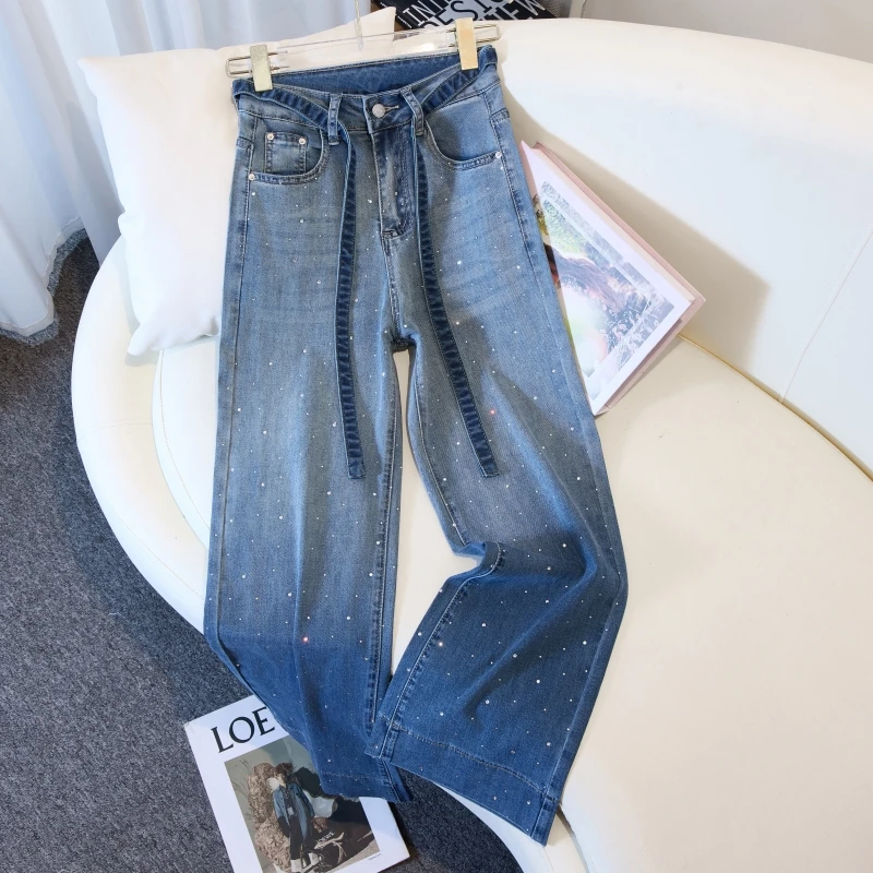 妙臻夏季薄款天丝烫钻高腰直筒阔腿牛仔裤九分裤女新款小个子3319
