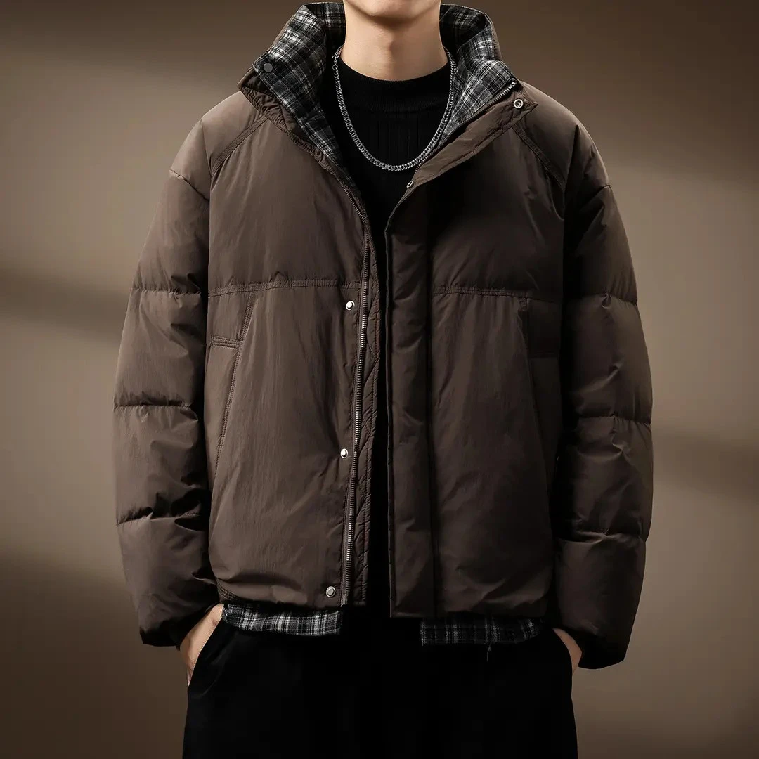 高端假两件复古格纹蓬松羽绒服男冬季新款90鸭绒加厚立领保暖外套