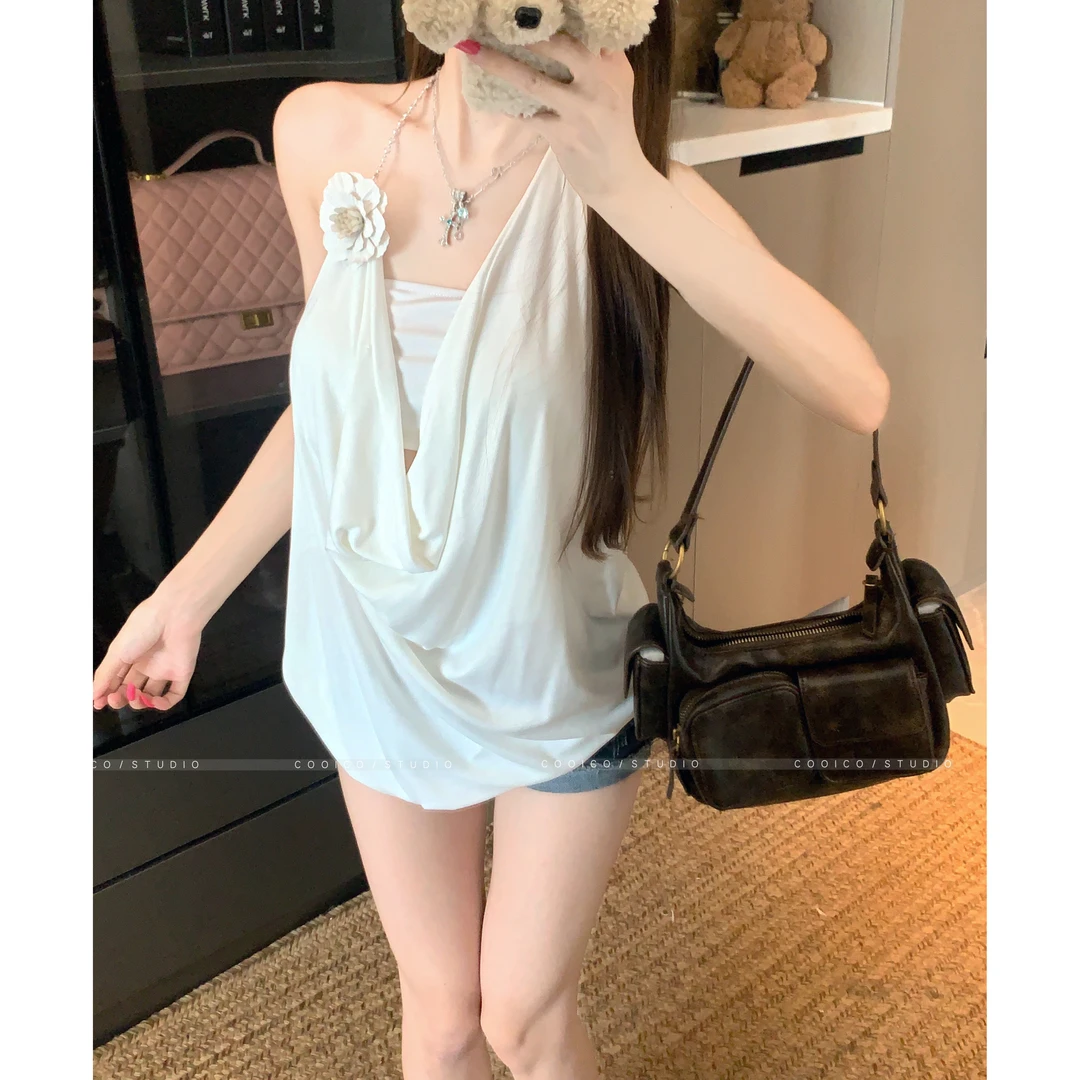 实拍现货 立体花朵荡领挂脖吊带背心女夏性感辣妹设计感上衣