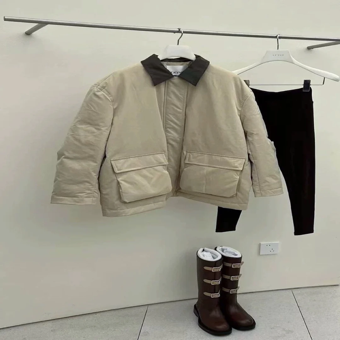 「特清」YOE24秋冬新款鹅绒服皮领子米杏色翻领工装感羽绒外套