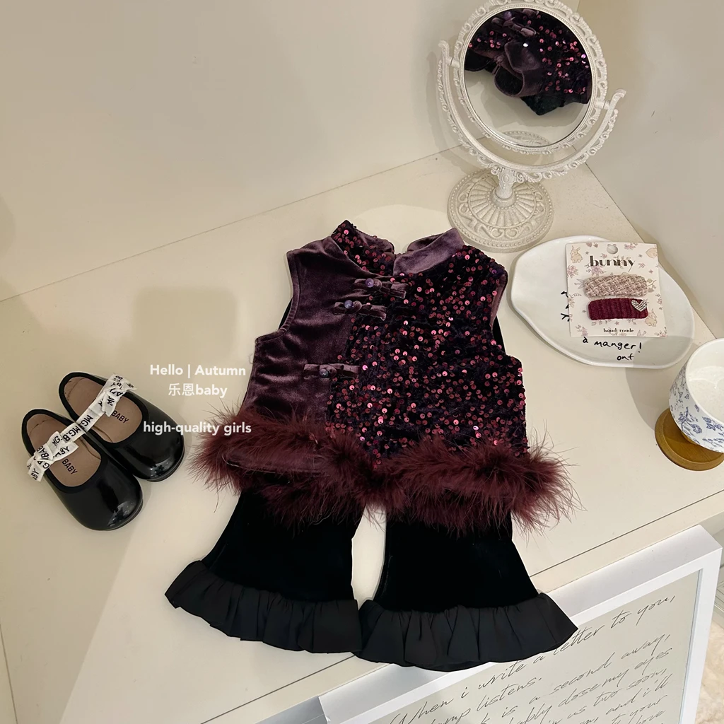 现货【乐恩童装】女童冬季新款过年服紫色亮片加绒背心丝绒裤两件套