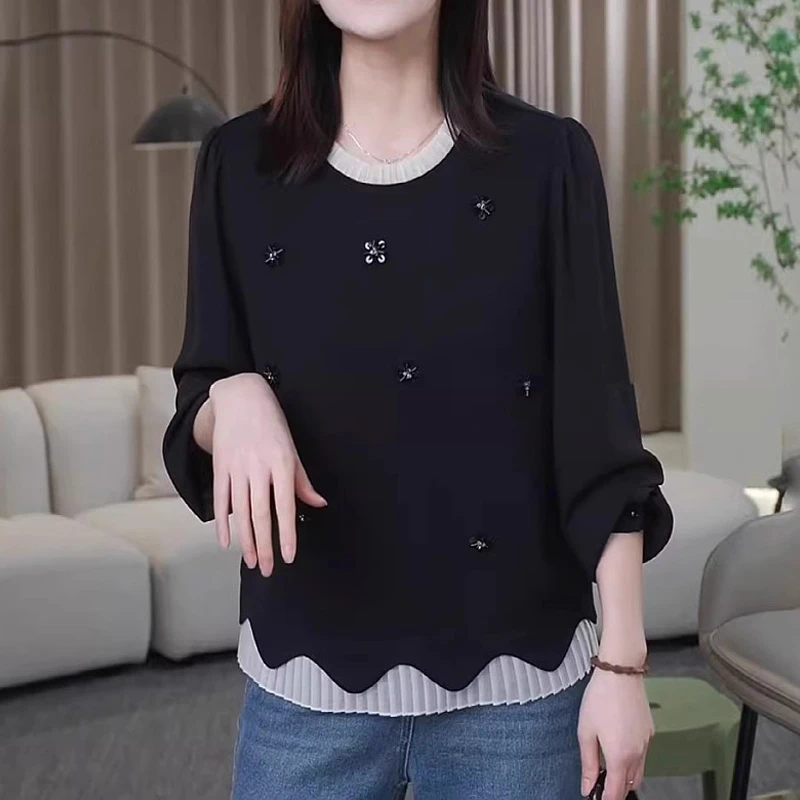 法式假两件长袖衬衫秋季新款胖MM大码女装显瘦设计感时尚洋气上衣