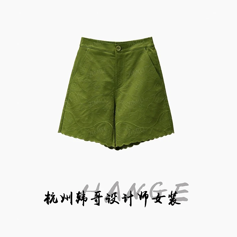 【韩哥女装】2025欧版轻薄透气橄榄绿刺绣高腰时尚休闲短裤9577-H6