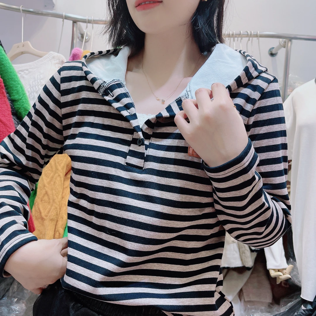 连帽条纹长袖T恤女春秋宽松休闲显瘦遮肚百搭打底衫上衣卫衣