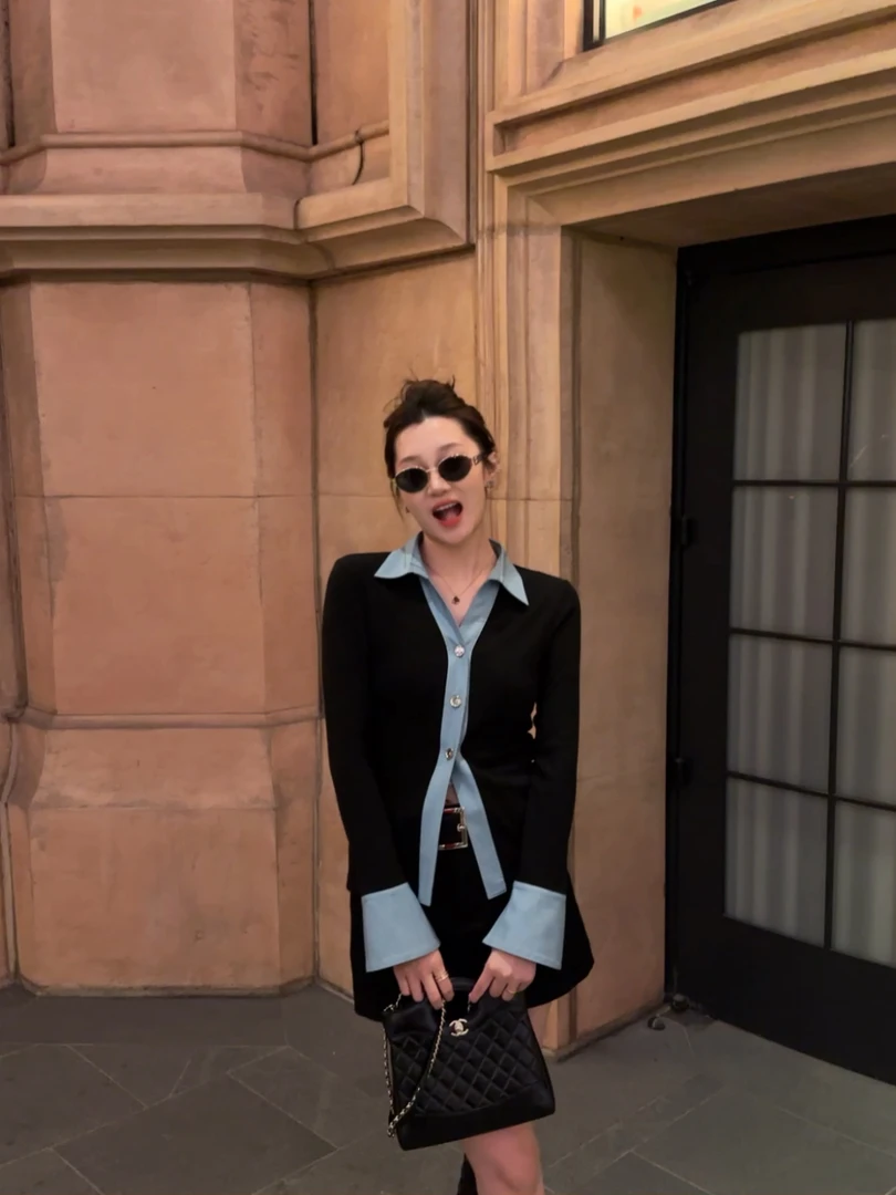 祝喜喜【超模衬衣】25年春款显瘦长袖休闲修身轻奢拼色衬衣衬衫