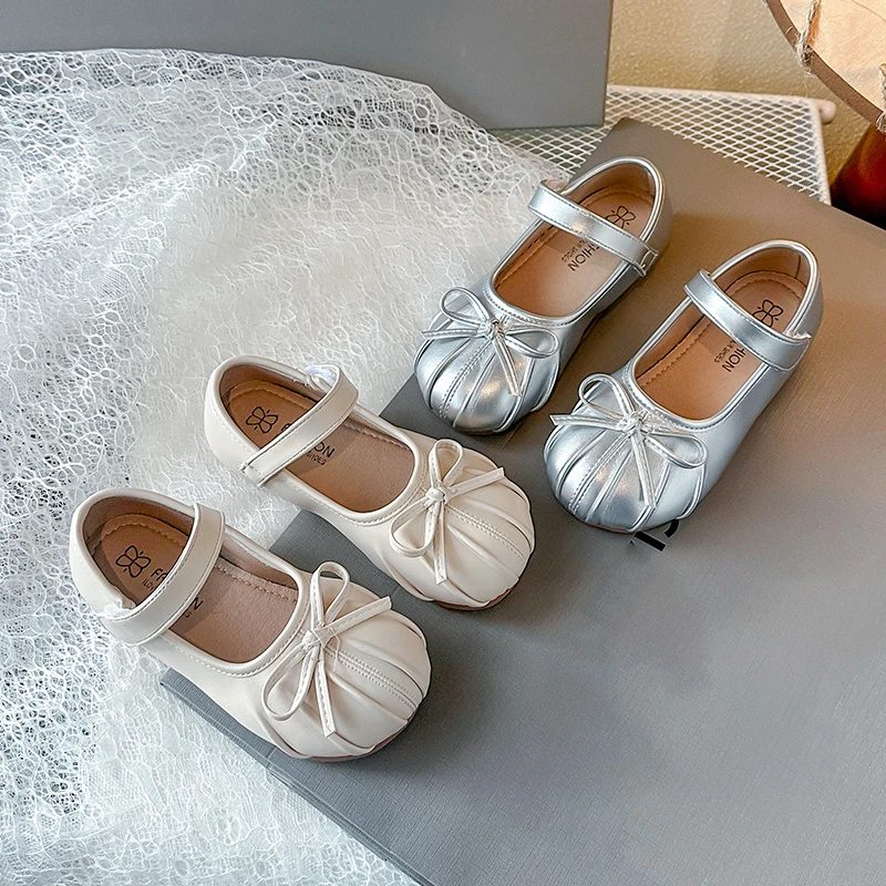 女童小香风公主鞋2025春季新款时尚蝴蝶结软底小皮鞋宝宝豆豆鞋潮
