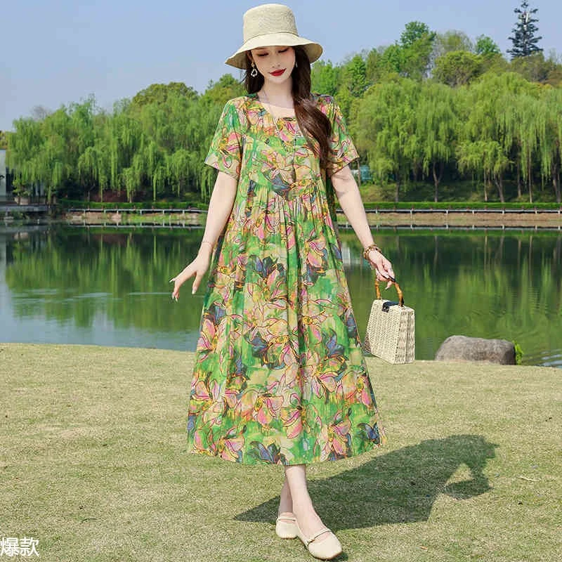 夏季棉绸连衣裙女士显年轻大码短袖碎花过膝遮肚子有口袋文艺裙子