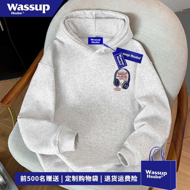 WASSUP HSUBE创意vibe耳机印花连帽卫衣男女秋冬季休闲无口袋上衣