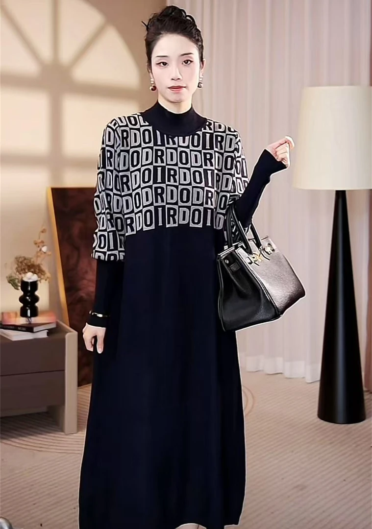 高端品质【谜语】秋冬大码高档时尚长款毛衣显瘦洋气连衣裙-6838#