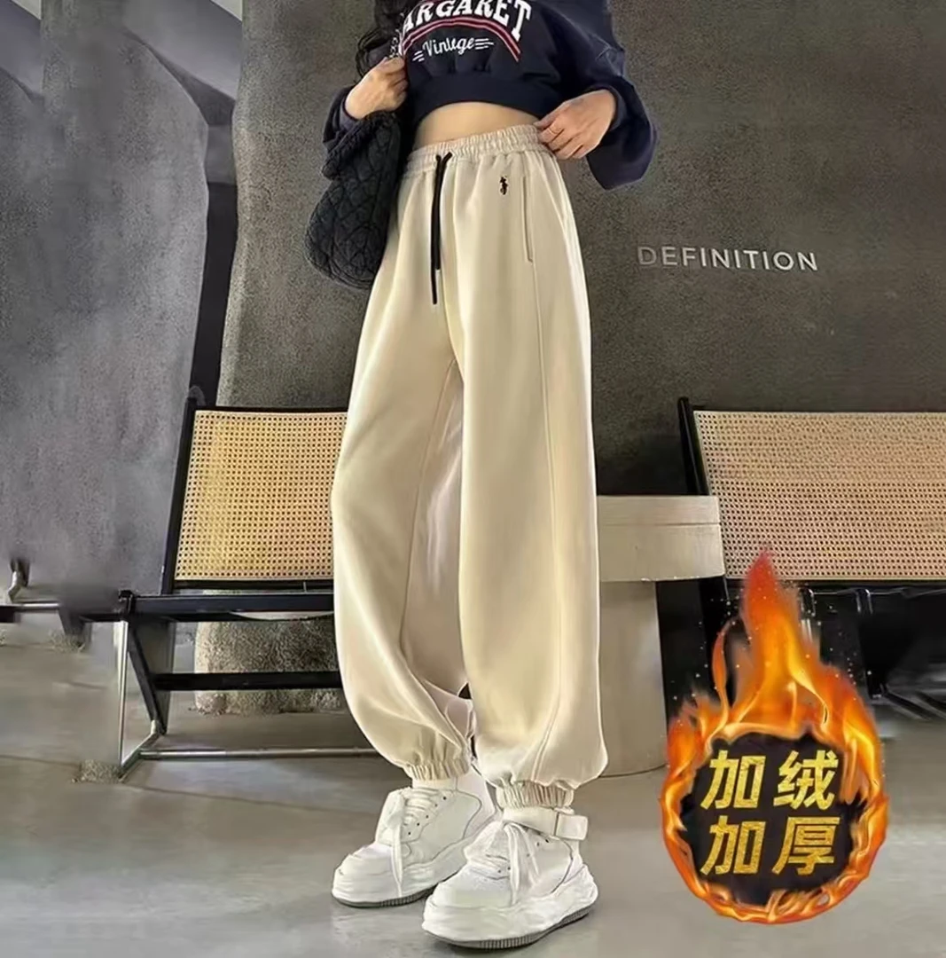 2025冬季加绒加厚时尚高腰刺绣显瘦束脚裤女宽松休闲裤运动卫裤子