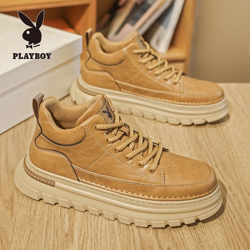 PLAYBOY/花花公子男鞋秋季新款板鞋黑色休闲短靴男士中帮休闲板鞋