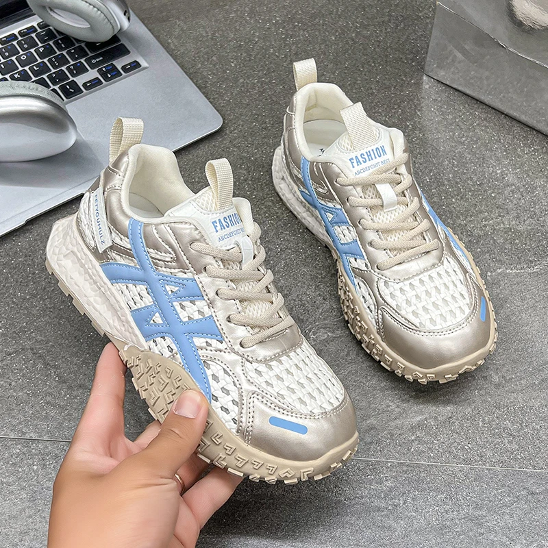 真皮运动鞋超火爆款镂空网面透气老爹鞋女夏季新款厚底跑步鞋百搭