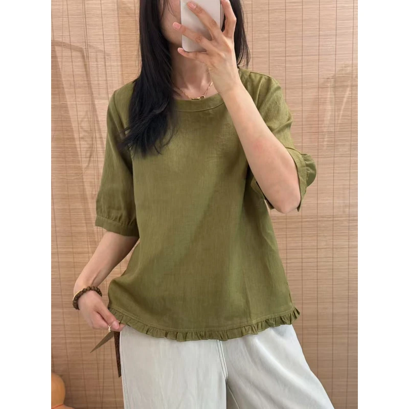 1318-夏季亚麻纯色拼接短袖T恤休闲时尚设计感十足