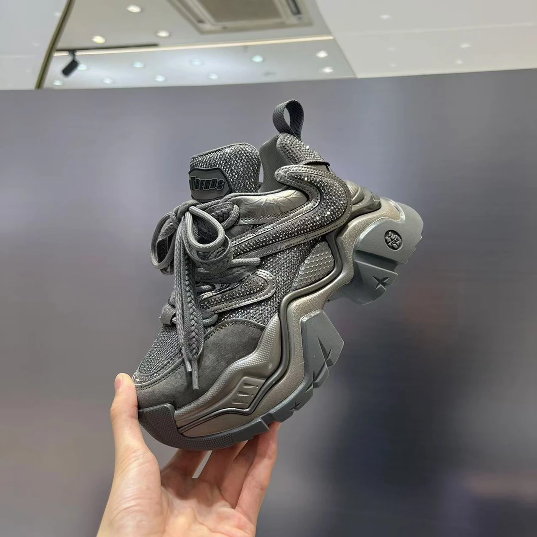 ZXX欧货松糕底亮钻老爹鞋2025春款皮面拼接水钻松糕底百搭休闲鞋