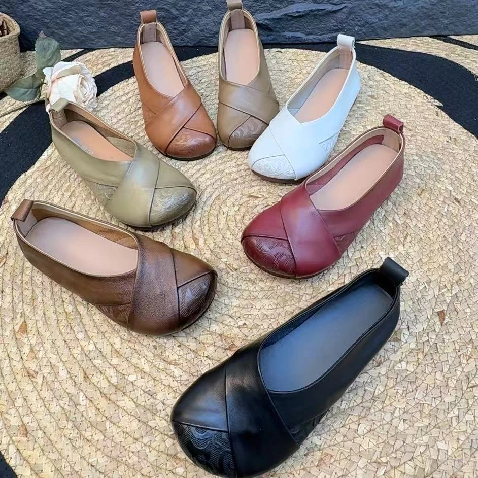 881-2复古头层牛皮交叉拼接软底圆头奶奶鞋