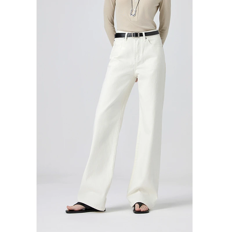 100%棉白色牛仔裤女春季新款高品质长绒棉环保酵洗百搭阔腿裤