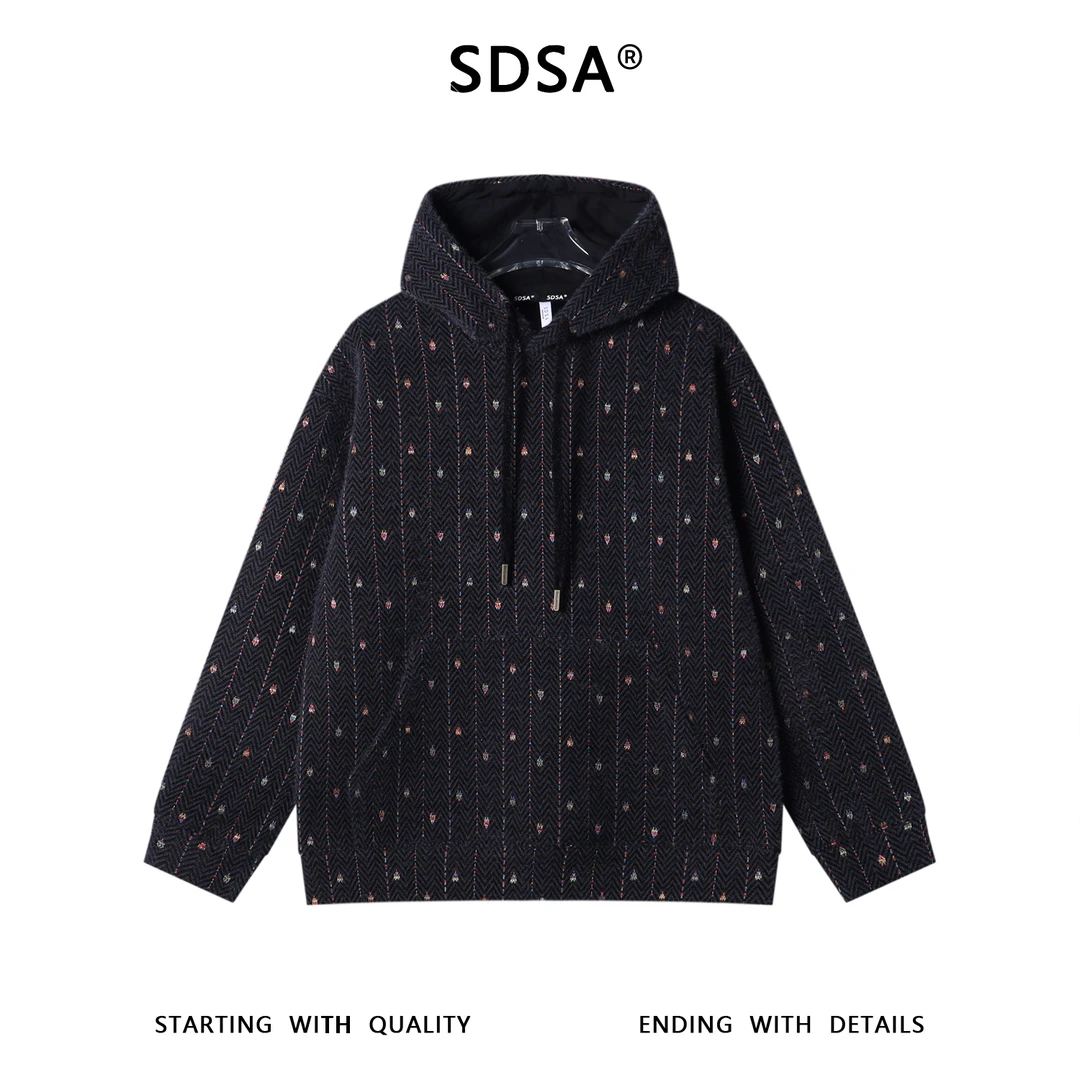 SDSA秋冬新款痞帅男装彩色刺绣绒毛波浪线设计抽绳连帽卫衣百搭