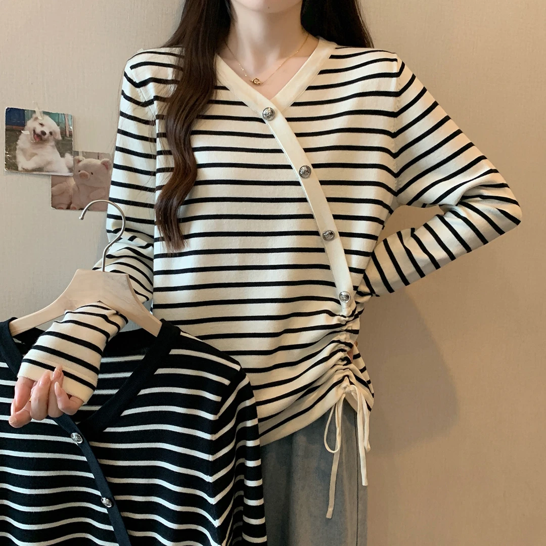 清大码女装胖mm撞色条纹针织衫秋季设计感抽绳显瘦毛衣69216