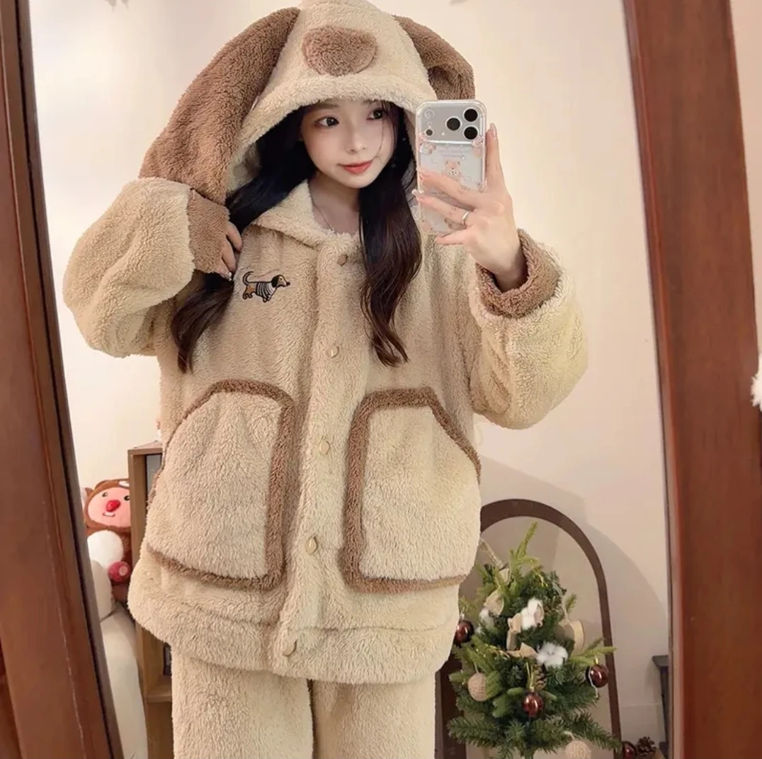 【2025】新款冬季睡衣女新款连帽甜美套装可外穿秋冬加厚加绒家居服