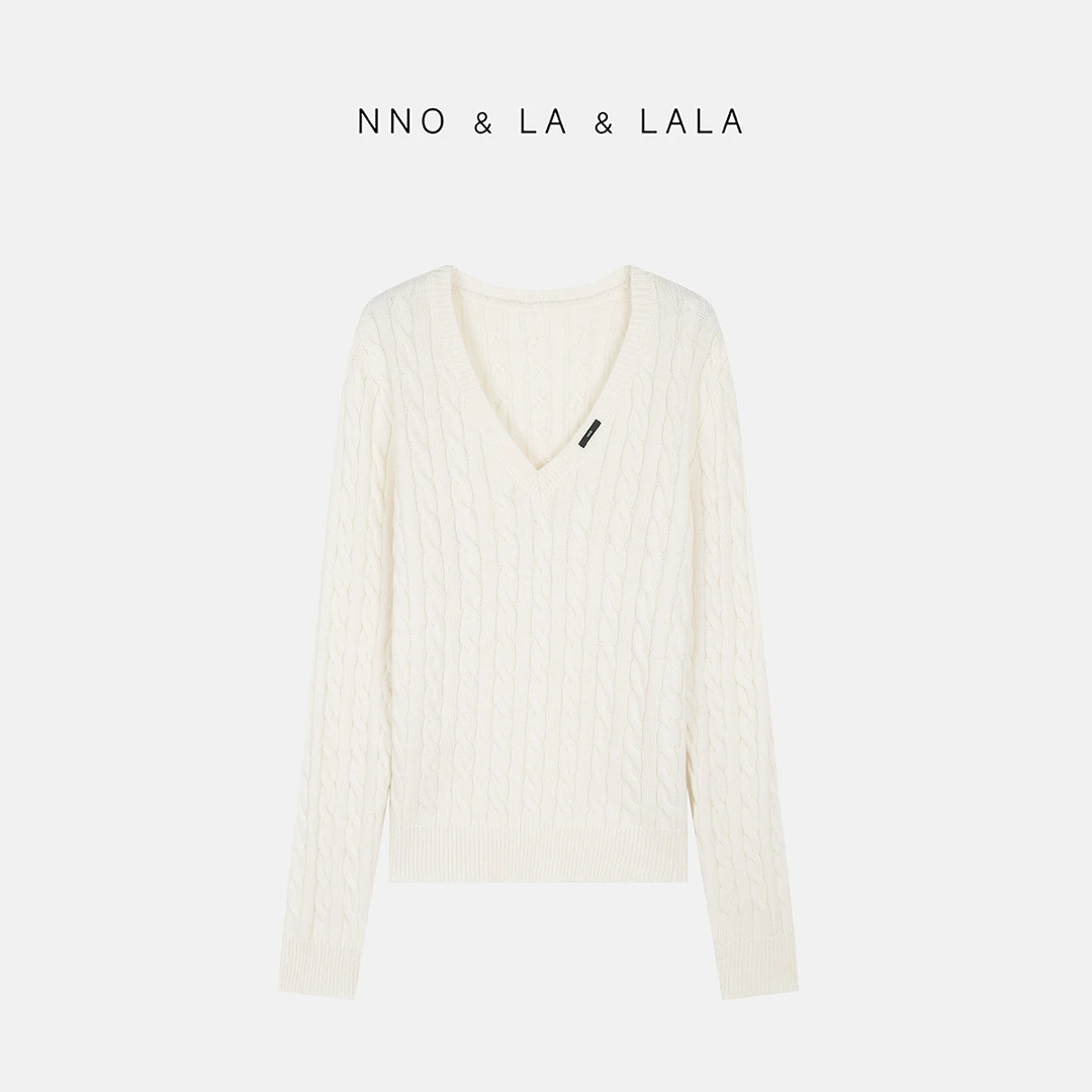 LA 奶油白 绞花 V领套头毛衣26683