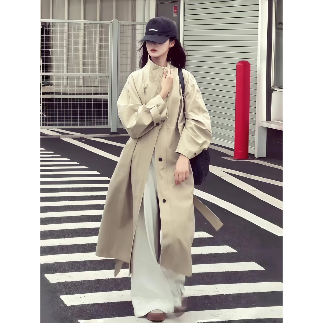 卡其色立领风衣外套中长款女2025春秋新款高老新风格小熊拜拜风衣