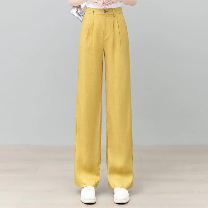 天丝亚麻窄版直筒裤女士2025夏季新款高腰宽松显瘦垂感休闲阔腿裤